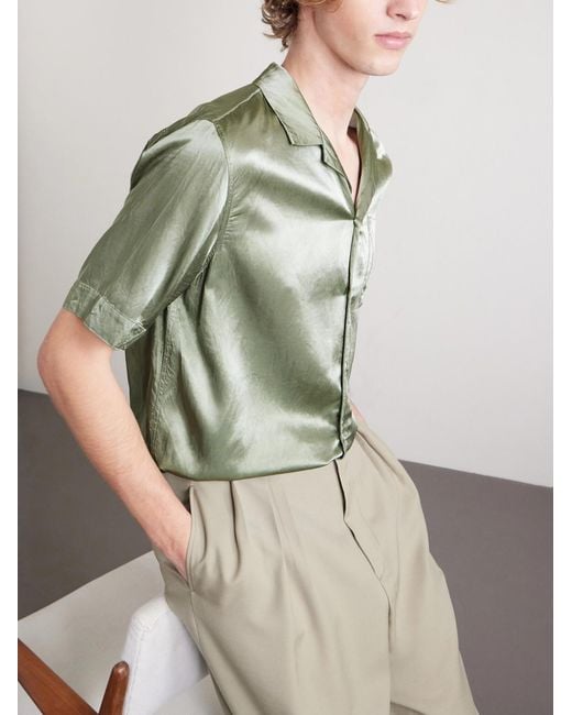 Dries Van Noten Green Camp-Collar Satin-Twill Shirt for men