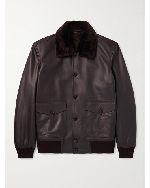 Thom Sweeney Black Shearling-Trimmed Leather Jacket for men