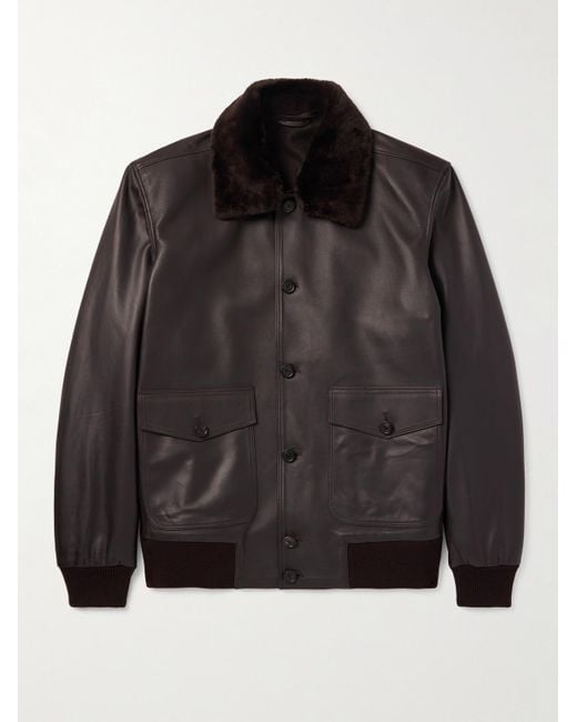 Thom Sweeney Black Shearling-Trimmed Leather Jacket for men