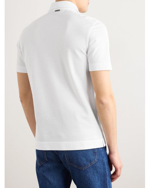 Zegna White Leather-Trimmed Cotton-Piqué Polo Shirt for men