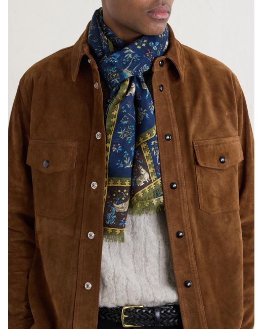 Drake's Blue Fringed Printed Wool And Silk-Blend Scarf for men