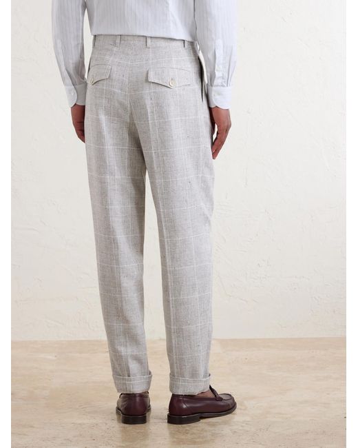 Brunello Cucinelli White Pleated Checked Wool-Blend Suit Trousers for men
