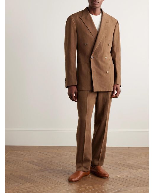 Dunhill Brown Cavendish Double-Breasted Linen Suit Jacket for men