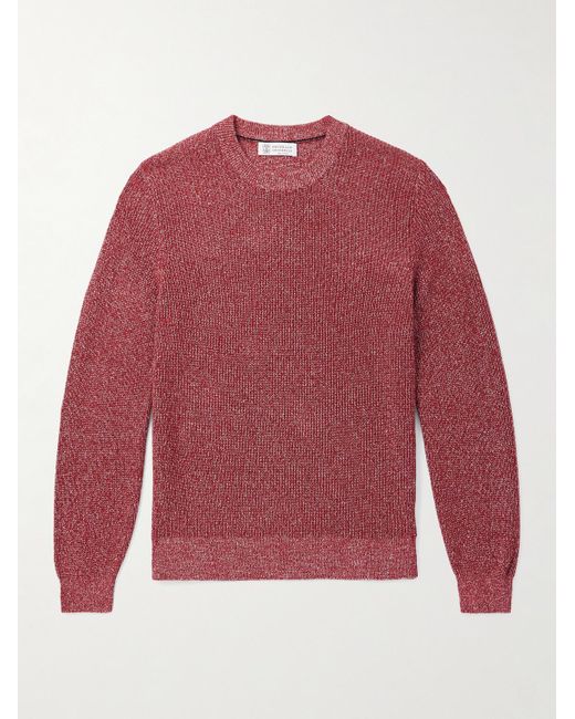 Brunello Cucinelli Pullover aus einer Baumwoll-Leinenmischung in Rippstrick in Red für Herren