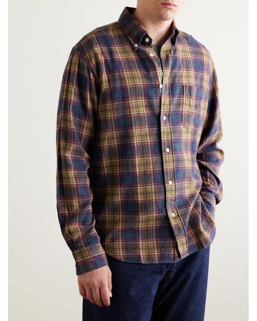 Hartford Blue Pitt Button-Down Collar Checked Cotton-Flannel Shirt for men