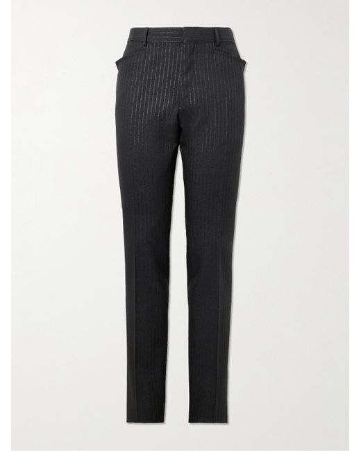 Tom Ford Black Slim-fit Straight-leg Striped Metallic Woven Tuxedo Trousers for men