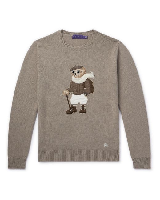 Ralph Lauren Purple Label Gray Appliquéd Intarsia Cashmere Sweater for men