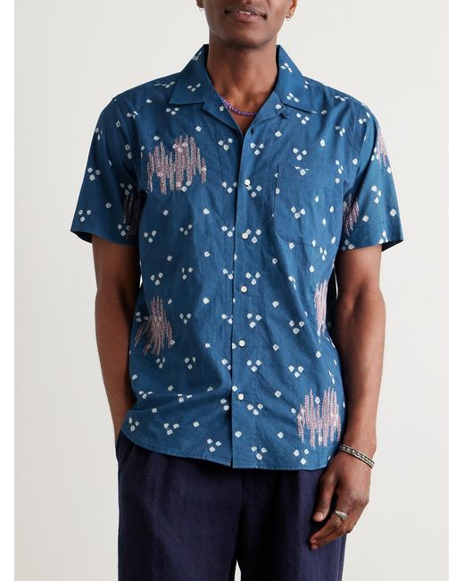 Kardo Blue Lamar Convertible-Collar Embroidered Printed Cotton-Voile Shirt for men