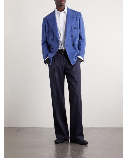 Double-Breasted Linen And Wool-Blend Suit Jacket di Rubinacci in Blue da Uomo