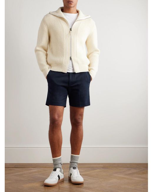Tom Ford Blue Straight-Leg Pleated Stretch-Cotton Twill Shorts for men