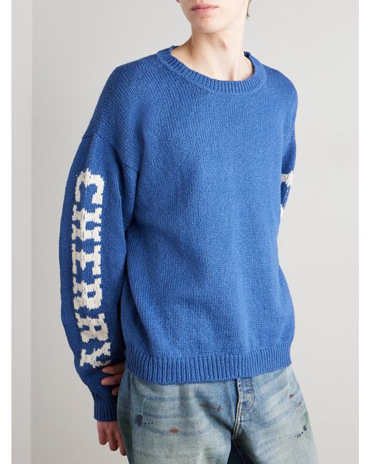 CHERRY LA Blue Logo-intarsia Cotton Sweater for men