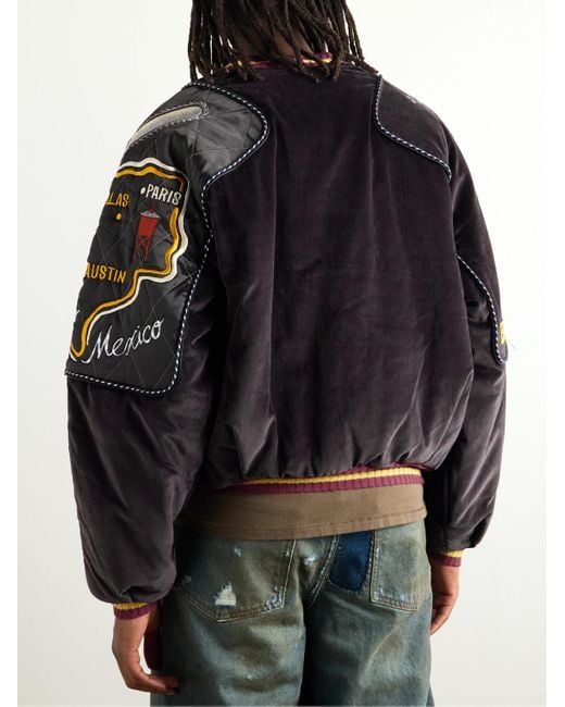 Kapital Blue Embroidered Quilted Shell-Trimmed Cotton-Velvet Bomber Jacket for men