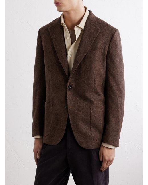 De Petrillo Brown Posillipo Wool And Cashmere-Blend Herringbone Blazer for men