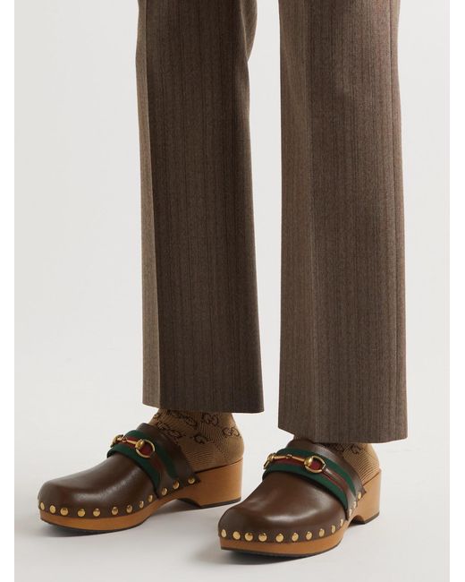 Gucci Brown Horsebit Webbing-Trimmed Leather Clogs for men