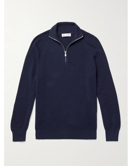 Brunello Cucinelli Blue Ribbed Cotton Half-Zip Sweater for men