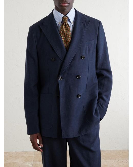 Oliver Spencer Blue Double-Breasted Linen, Virgin Wool And Cotton-Blend Suit Jacket for men