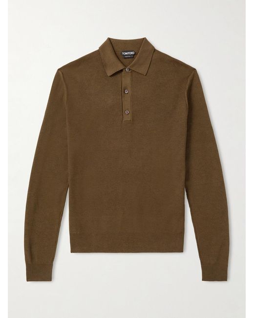 Tom Ford Green Silk And Cotton-Blend Piqué Polo Shirt for men