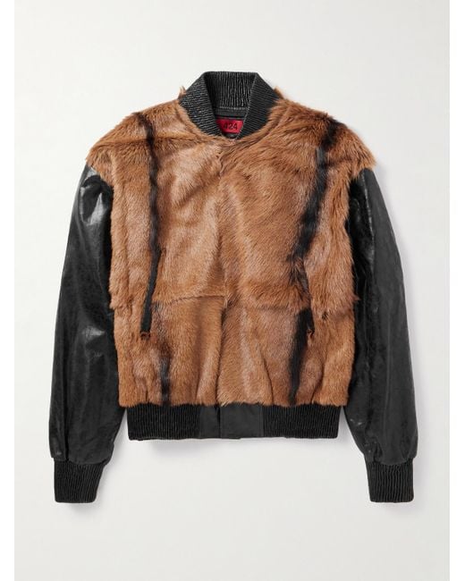 424 Brown City Striped Goat Hair And Leather Bomber Jacket for men