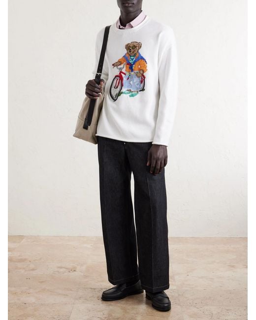 Polo Ralph Lauren White Polo Bear-embroidered Bead-embellished Knitted Cotton Sweater for men