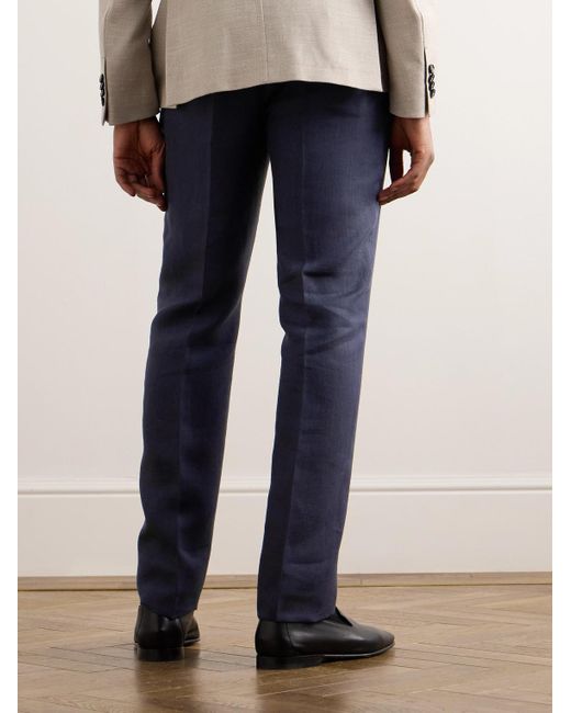 Etro Blue Straight-leg Herringbone Linen Suit Trousers for men