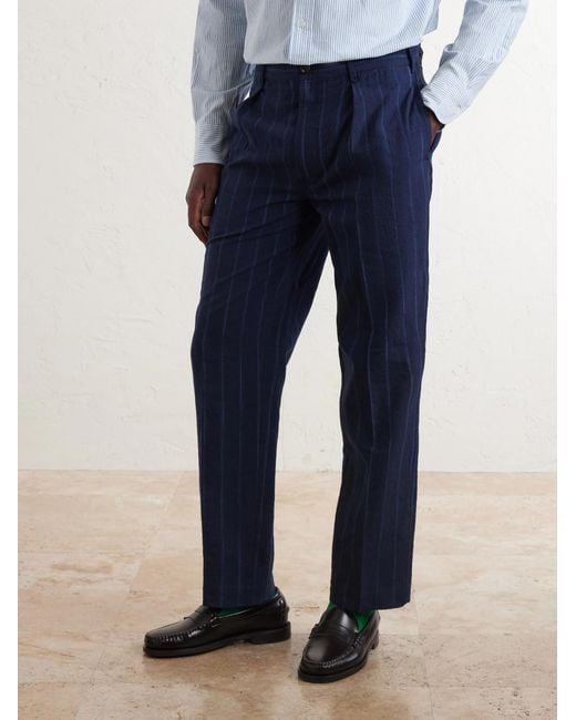Drake's Blue Games Straight-leg Pinstriped Cotton And Linen-blend Suit Trousers for men