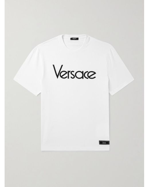 T-shirt in jersey di cotone con logo ricamato di Versace in Natural da Uomo