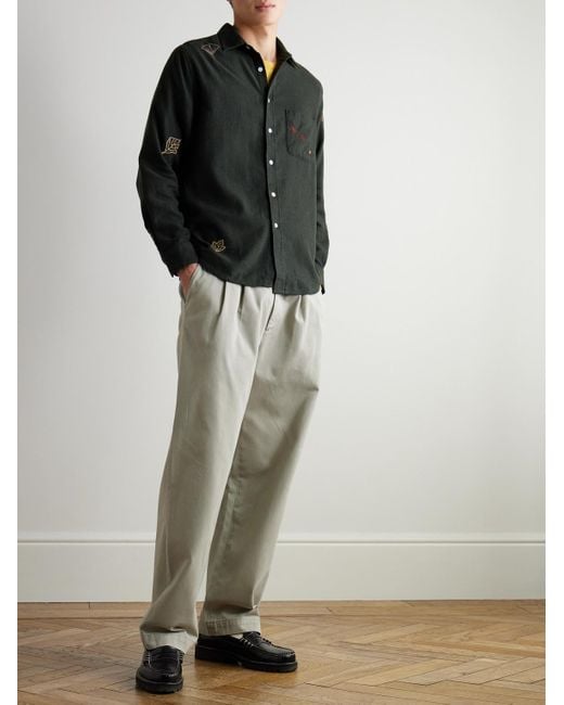 Portuguese Flannel Black Fall Leaves Embroidered Cotton-Flannel Shirt for men