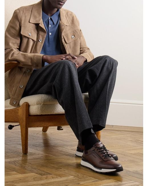 Berluti Brown Fast Track Suede-Trimmed Full-Grain Venezia Softy Leather Sneakers for men