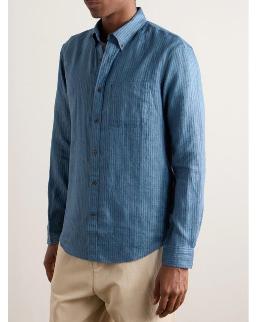 Club Monaco Blue Slim-fit Button-down Collar Striped Linen Shirt for men