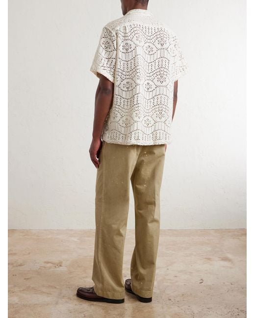 Portuguese Flannel Natural Camp-Collar Crocheted Cotton-Blend Shirt for men