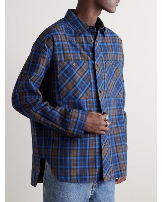 Loewe Blue Leather-trimmed Checked Cotton-flannel Shirt for men
