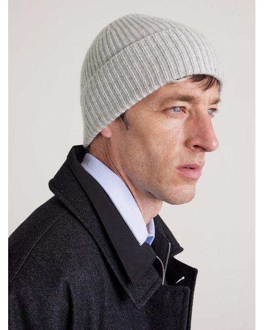 William Lockie White Ribbed Cashmere Beanie for men