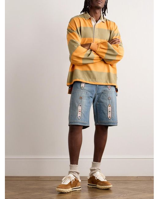 Kapital Blue Straight-Leg Leather-Trimmed Embellished Denim Shorts for men
