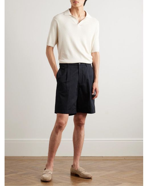 Dunhill Blue Straight-leg Pleated Cotton And Linen-blend Twill Bermuda Shorts for men
