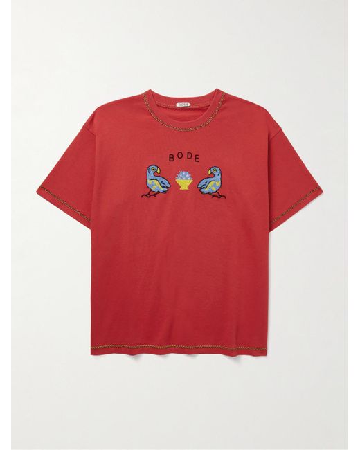 Bode Twin Parakeet T-Shirt aus Baumwoll-Jersey mit Logostickerei in Red für Herren