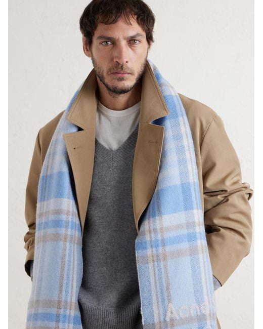 Acne Blue 1996 Fringed Checked Wool-blend Scarf for men
