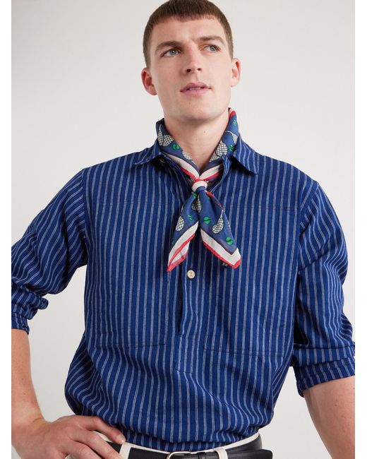 Drake's Blue Printed Cotton And Silk-Blend Scarf for men