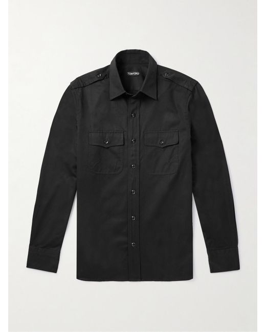 Tom Ford Black Cotton And Silk-Blend Twill Shirt for men