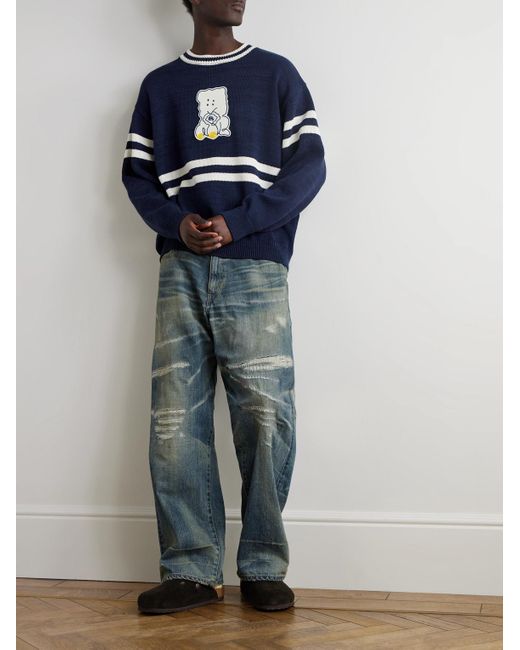 Kapital Blue Peckish Rainbowy Ivy Appliquéd Striped Cotton Sweater for men