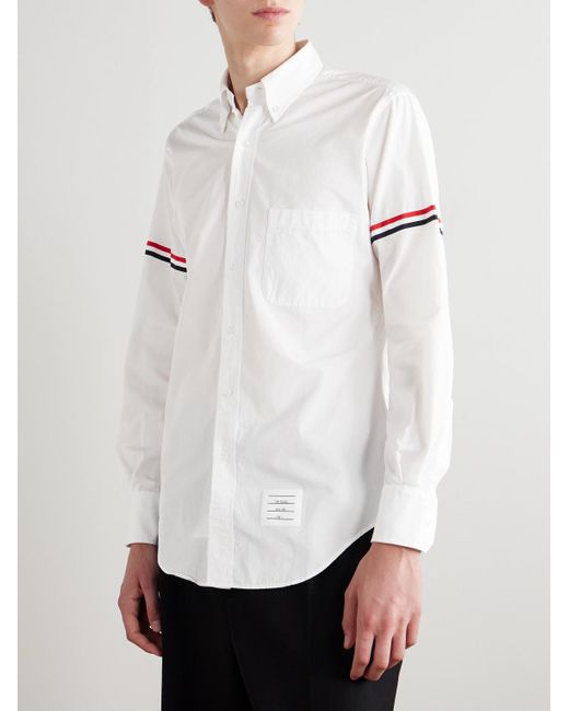 Thom Browne White Button-Down Collar Grosgrain-Trimmed Cotton-Poplin Shirt for men
