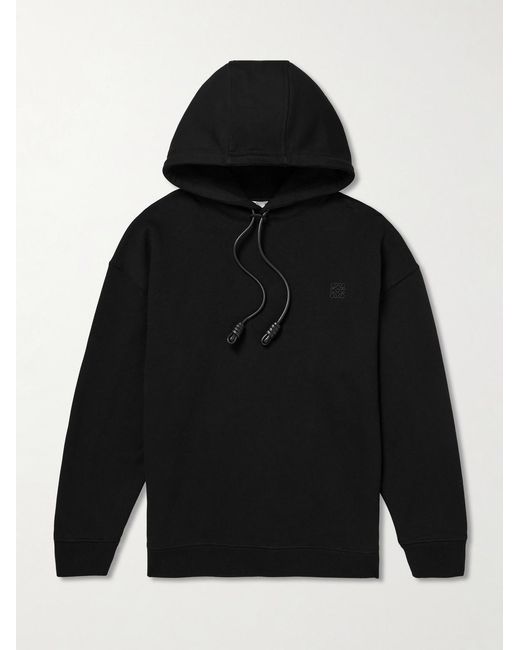 Loewe Black Logo-Embroidered Leather-Trimmed Cotton-Jersey Hoodie for men