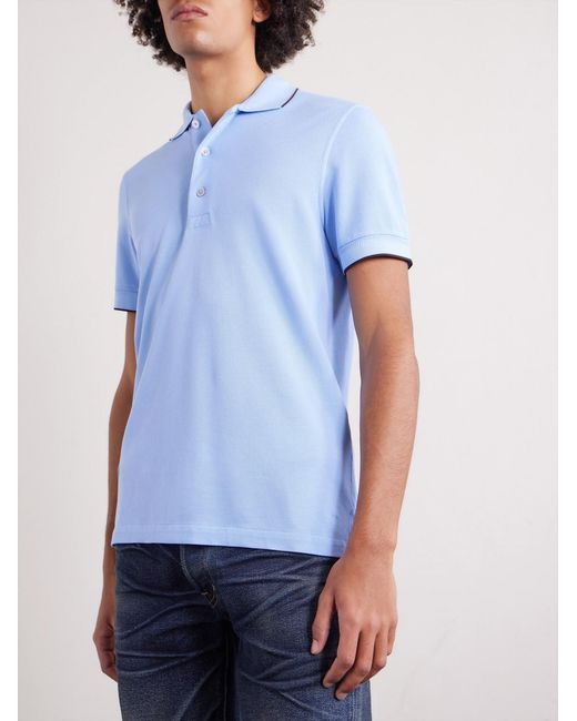 Tom Ford Blue Contrast-Tipped Lyocell-Piqué Polo Shirt for men