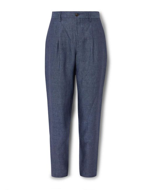 Canali Blue Slim-fit Pleated Slub Linen Trousers for men