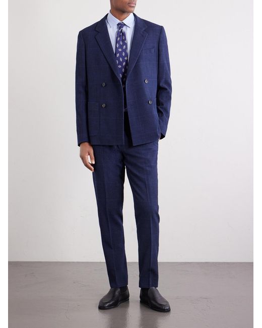 Mr P. Blue Slim-Fit Tapered Checked Wool-Blend Suit Trousers for men