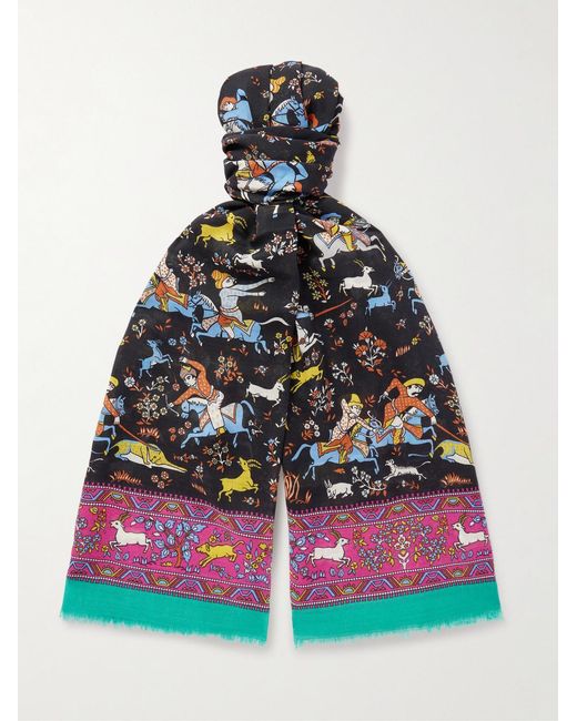 Drake's Black Him Mughal Fringed Printed Wool And Silk-Blend Scarf for men