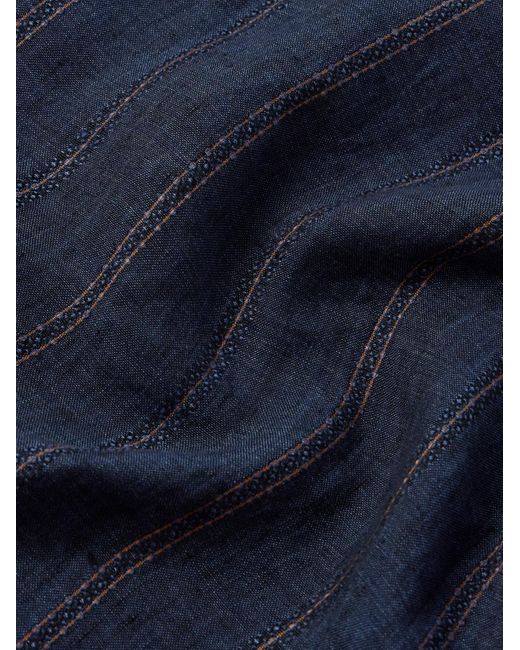 Brunello Cucinelli Blue Camp-collar Embroidered Striped Linen Shirt for men