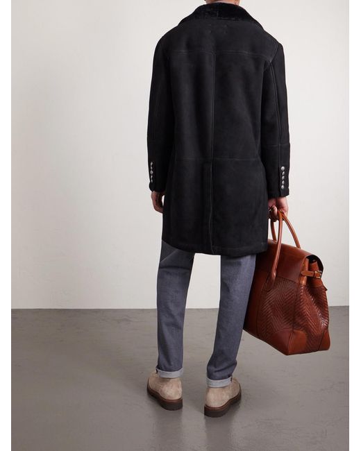 Brunello Cucinelli Black Double-Breasted Shearling Coat for men