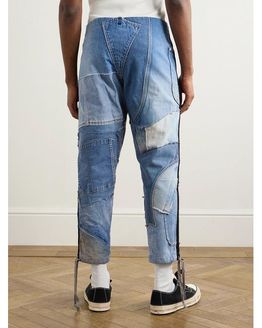 Greg Lauren Blue Tapered Cropped Frayed Patchwork Drawstring Jeans for men