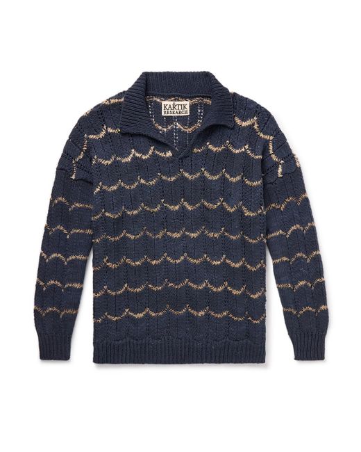 Kartik Research Blue Open-knit Intarsia Cotton Polo Shirt for men