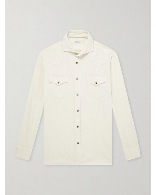 Brunello Cucinelli Natural Cutaway-Collar Cotton-Corduroy Western Shirt for men